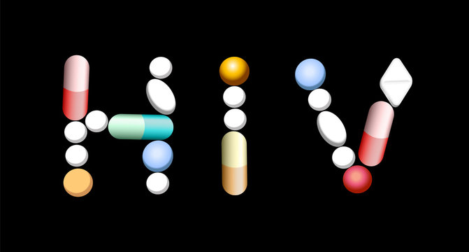HIV written with tablets, pills and capsules. Isolated vector illustration on black background.