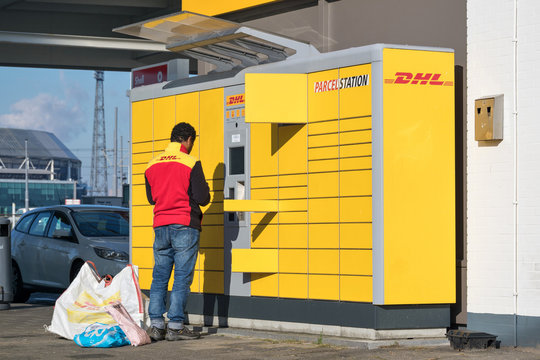 ROTTERDAM, NETHERLANDS - September 23, 2017: DHL Parcelstation. Parcelstations provide automated booths for self-service collection as well as self-service dispatch of parcels.