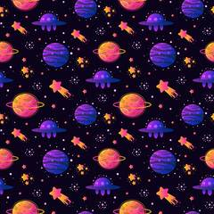 Vector Colorful Seamless Pattern with Cartoon Rockets, Planets, Stars, Spaceship, Comets and UFOs. Perfect for kids design, fabric, wrapping, wallpaper, textile, apparel.