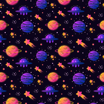 Vector Colorful Seamless Pattern with Cartoon Rockets, Planets, Stars, Spaceship, Comets and UFOs. Perfect for kids design, fabric, wrapping, wallpaper, textile, apparel.