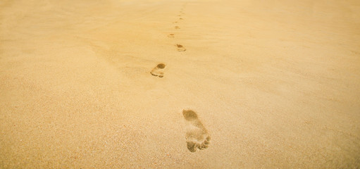 Fototapeta na wymiar Footprints in the sand. Foot print tracks on beach