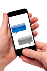 Male hands holding a smartphone with empty text messages. Room for Text. Copy space