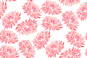 Seamless watercolor pattern with abstract flower pink chrysanthemum dahlia on white background.