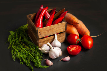 hot peppers, tomatoes and carrots, ingredients for sauce, Mexican cuisine