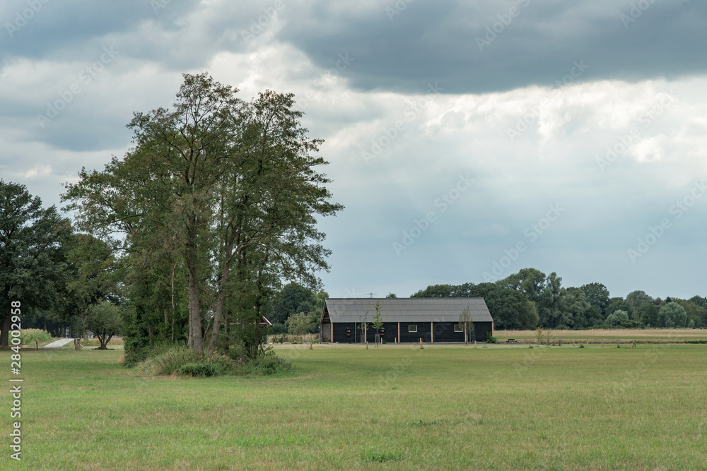 Wall mural barn and group of trees under cloudy sky in rural landscape.