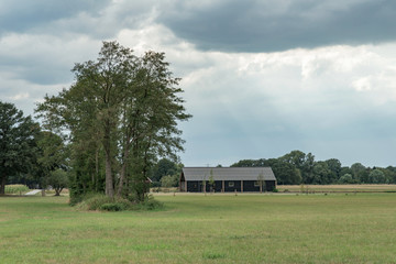 Barn and group of trees under cloudy sky in rural landscape.