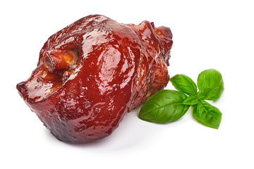 Roasted pork knuckle, glazed legs, oktoberfest dishes, isolated on white background