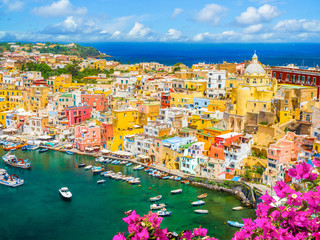 Landscape with colorful houses on Procida island, Italy - obrazy, fototapety, plakaty
