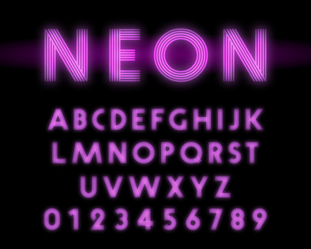 Retro neon alphabet font. Letters and numbers line design