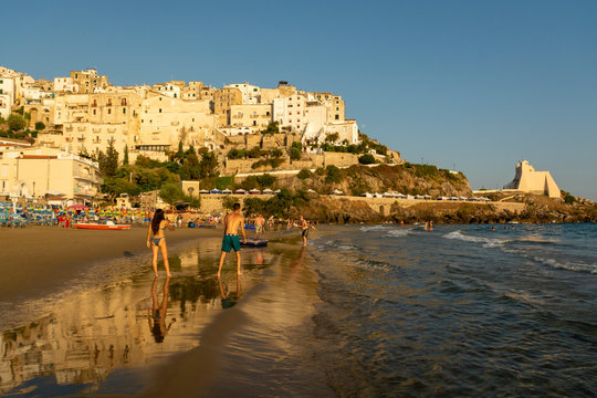 Editorial photo, August 12, 2019, Sperlonga, Italy, view on old town Sperlonga and clowded beach during August holidays in Lazio, Italy