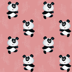 Baby seamless pattern with pandas and contour butterflies on a pink background