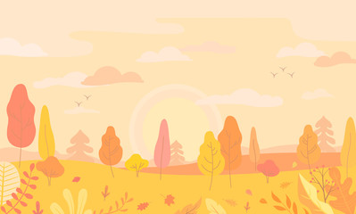 Autumn landscape view with yellow trees, panoramic scene of fall forest, Sunrise, clouds, maple and oak leaves on the ground, flowers and plant. Horizontal banner. Vector illustration.