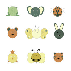 Obraz premium Animal icon set. Cartoons line design pastel colore frog elephant ladybug bear butterfly rabbit chicken bee cat stock vector illustration for web, for print