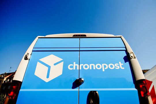 STRASBOURG, FRANCE - CIRCA 2016: CHRONOPOST delivery van in center of the city. Chronopost is part of French group La poste