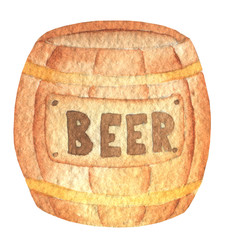 Oktoberfest wooden barrel brown with the inscription beer. Hand drawn watercolor painting on white background clip art graphic elements for creative design and printable decor.