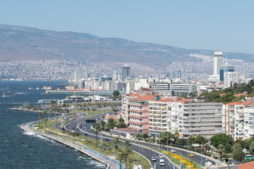 View of Konak district and waterfront seen from Asansör (translated elevator) viewpoint in Izmir, Turkey.