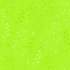 gently green endless texture with small thin graceful branches and leaves for fabric and decoration. almost plain seamless pattern. editable vector background.