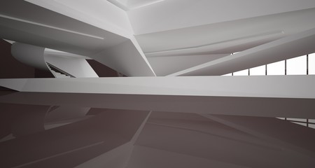 Obraz premium Abstract architectural white and brown gloss interior of a minimalist house with large windows.. 3D illustration and rendering.