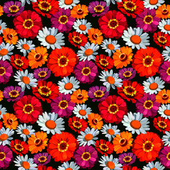 seamless pattern with zinnia and chamomile flowers