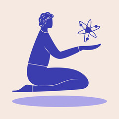 People levitating and holding atom. Blue non proportional flying man with atom. Scientific concept. Vector illustration
