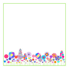 Square frame on white background with colorful flowers. Vector illustration.