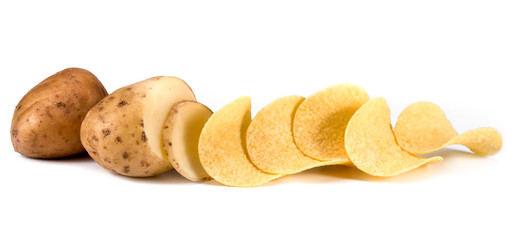 Potato chips and raw potatoes on a white background. A portion of potato chips and raw potatoes on...