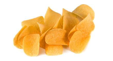 heap of potato chips isolated on white background.