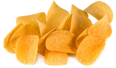 heap of potato chips isolated on white background.