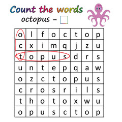 Worksheet. Game for kids - find and count the words. Visual Educational Game for children. Learning math and words.