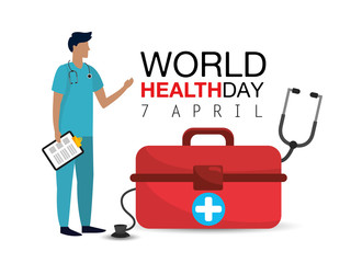 man doctor with check list to world health day