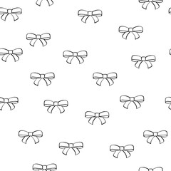 Bow seamless pattern. Outline Ribbon Bow. Monochrome black and white illustration. Hand drawn bow.