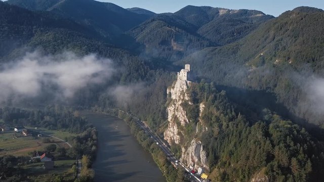 Aerial view of abandoned clifftop Strecno castle, Slovakia.