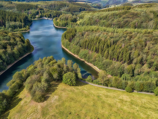 Fototapeta na wymiar Aerial view of the Fuerwigge dam near Meinerzhagen in the Sauerland in Germany.