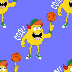 Cute kids monster pattern for girls and boys. Colorful basketball monster on the abstract bright background. The monster pattern is made in bright colors. Urban kids pattern for textile and fabric