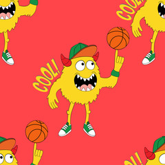 Cute kids monster pattern for girls and boys. Colorful basketball monster on the abstract bright background. The monster pattern is made in bright colors. Urban kids pattern for textile and fabric