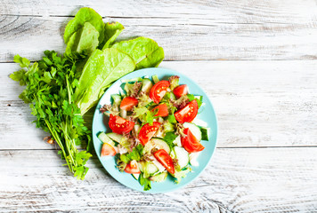 vegetable salad on a light, wooden background, the concept of a healthy diet, vegetarianism