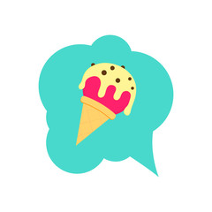 Cute fast food ice cream icon. Vector illustration for flavor dairy menu design. Refreshment product cartoon image. Sweet icecream isolated on white background. Delicious pink cold sundae