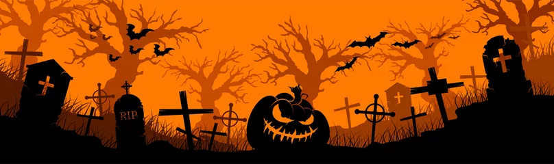 Foto op Canvas Happy Halloween banner. Halloween pumpkins and bats. Vector illustration. © Dmitry