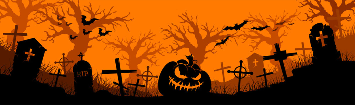 Happy Halloween banner. Halloween pumpkins and bats. Vector illustration.