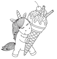 Vector cute unicorn cartoon holding ice cream, black silhouette for coloring.
