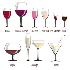 a set of glasses of different shapes with a variety of wines and light alcoholic beverages. Names for proper serving