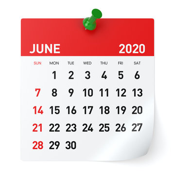 June 2020 - Calendar. Isolated on White Background. 3D Illustration