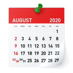 August 2020 - Calendar. Isolated on White Background. 3D Illustration - obrazy, fototapety, plakaty