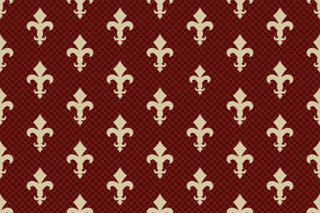 Vintage luxury Fleur-de-lis seamless royal background. France historic  ornamental pattern with heraldic symbol Fleur de Lis. Red and gold style immaculate virgin symbolics. Vector illustration