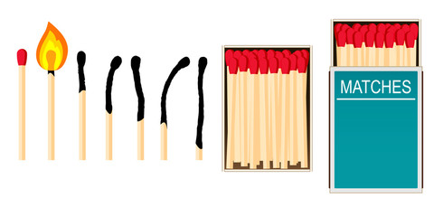 Matches. A set of vector illustrations: a burning match with fire, opened matchbox, burnt matchstick isolated on white.