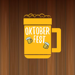 vector oktoberfest vector label with beer glass or beer mug isolated on wooden background. octoberfest vector graphic poster or banner design template