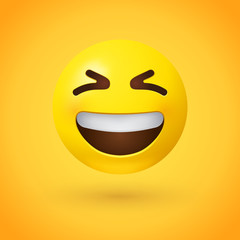 Grinning squinting face emoji with scrunched, X-shaped eyes and a broad, open smile, showing upper teeth - smiling emoticon character design that conveys excitement or hearty laughter
