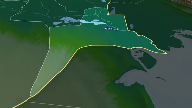 Al-Basrah - province of Iraq with its capital zoomed on the physical map of the globe. Animation 3D