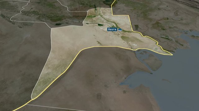 Al-Basrah - province of Iraq with its capital zoomed on the satellite map of the globe. Animation 3D