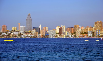 Fototapeta na wymiar Sunny panoramic view on Benidorm city with seafront in Alicante Mediterranean of Spain